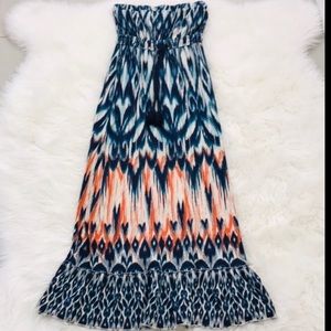 Ana turquoise navy strapless maxi ikat print boho